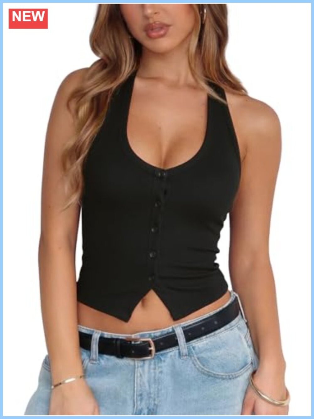 Ribbed Halter Crop Top Button Down V Neck Backless Slim Fit Y2K Going Out